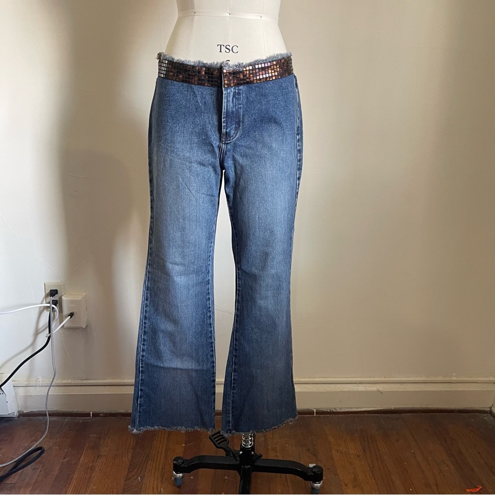 Y2K Low Rise Brown Disco Panels Waistband Flare Jeans